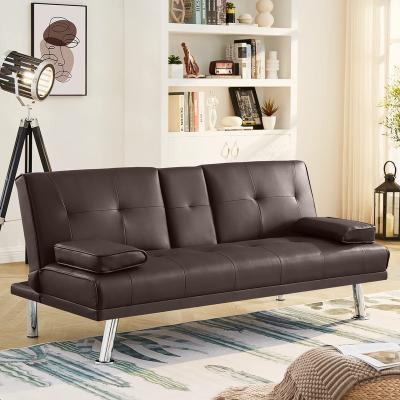 China Modern Faux Leather Extended Sofa Bed Futon with Removable Armrest, Metal Legs, Cup Holders, 3 Tier Adjustable Backrest, Light Brown for sale