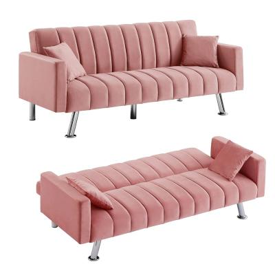 China Modern Velvet Extended Sofa Bed, Upholstered Folding Convertible Loveseat Sofa Bed with 2 Pillows, Wood Frame and Metal Leg, Pink for sale