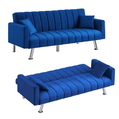 China Modern Velvet Reclining Sofa Bed, Upholstered Folding Convertible Loveseat Sofa Bed with 2 Pillows, Wood Frame and Metal Leg, Blue for sale