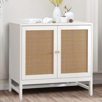 China With Storage Accent Cabinet with Handmade Natural Doors and Rattan Storage, Storage Cabinet for Dining Room, Hallway, Console Table, White for sale