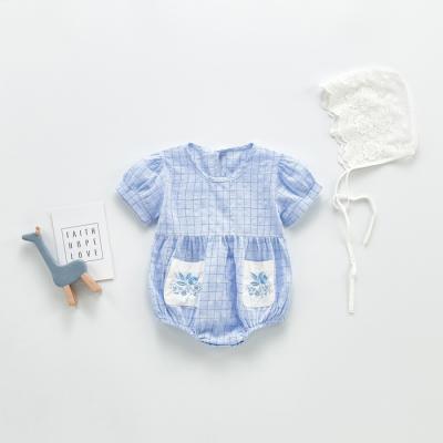 China Breathble Embroidery Grid Floral Cozy Overalls Baby Short Sleeve Rompers for sale