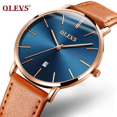 China Auto Date OLEVS Fashion Men Quartz Watches OEM LOGO Leather Men Day Watches Waterproof Stainless Steel Case Luxury Slim Wristwatches for sale