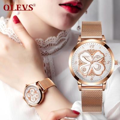 China Full Calendar OLEVS OEM Women Fashion Rose Gold Flower Watch Mesh Luxury Lady Classic Luminous Casual Stainless Steel Wristwatch for sale