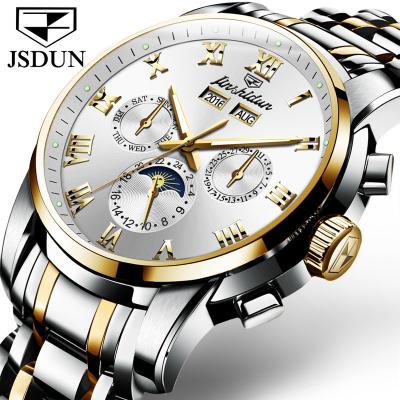 China JSDUN 8718 Fashion Mens Wrist Watch Moon Day Date Classic Automatic Automatic Phase Mechanical Silver Men's Watch for sale