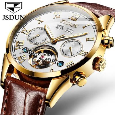 China JSDUN Automatic Date Skeleton Men's Watches Leather Full Calendar Waterproof Self-Winding Mechanical Men's Watch for sale