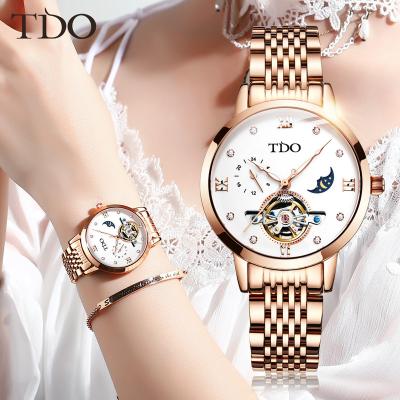 China Unique Designer Women Automatic Wristwatch Moon Phase Brand Lady Watch Waterproof Stainless Steel Watch Double Top Tourbillon Watch for sale