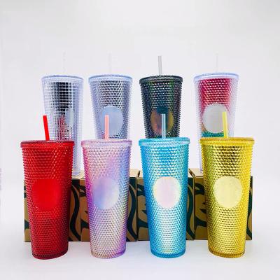 China 2021 New Style 710ml Durian Grid Pineapple Multi Color Viable Custom Coffee Mug Plastic Studded Tumbler Cups for sale