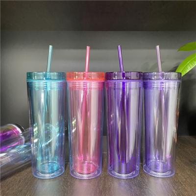 China Wholesale Sustainable Clear Insulated Skinny Plastic Cups 16oz Double Tumblers Straight Reusable Wall Mug Water Bottles With Straw And Lids for sale