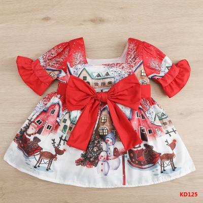 China England Style Christmas Children's Clothing Girls Santa Print Dress Bow Princess Dress Children's Dress for sale