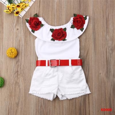 China England Style Infant 1-7Y Kids Baby Clothes Sets Off Shoulder 3D Rose Flower Cotton Top Skirt Outfit Set for sale