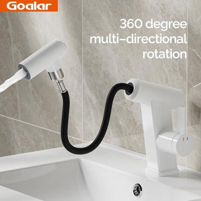 China Pull Out High Quality Spray Corrosion Resistance White Basin Faucet GOALAR Multi Directional 360 Degree Rotation Pull Out Basin Faucet for sale