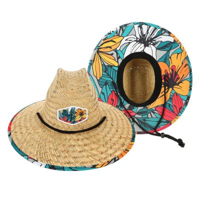 China Custom Wholesale Eco-friendly American Wide Brim Sun Hat Summer Beach Straw Hat With Logo Men Straw Lifeguard Hat With Bottom Design for sale