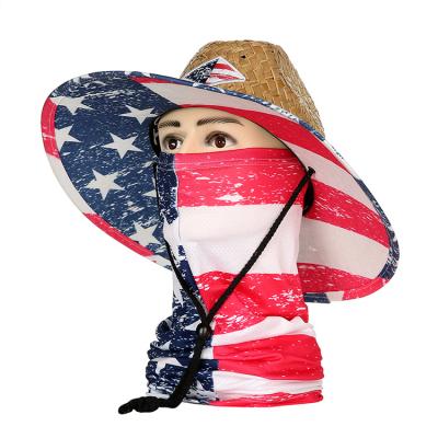 China JAKIJAYI 2 Pcs USA American Flag Straw Cowboy Hat Sun Visor Summer Beach Eco-Friendly Straw Hat With Scarf for sale