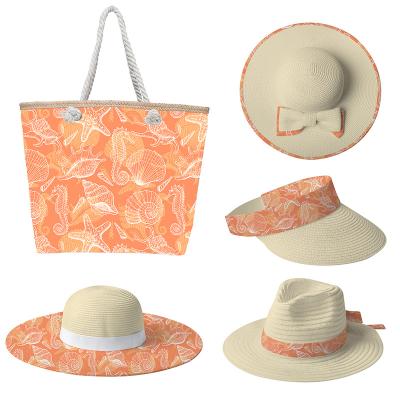 China JAKIJAYI Women Summer Starfish Conch Shell Print Orange Large Canvas Straw Weave Corners Top Grade Eco-Friendly Shell Handbag Beach Bag Set for sale