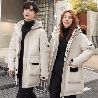 China Medium Length Duck Down Jacket Hooded Down Solid Color Breathable Jacket Men's White Jacket for sale