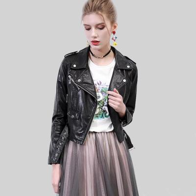 China Hot Selling Breathable Slim Fit Breathable Short Washed Black Leather Jackets For Women for sale