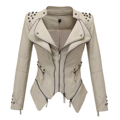 China Rivet PU Leather Waterproof Fashionable Women's Short Double-zipper Jacket for sale