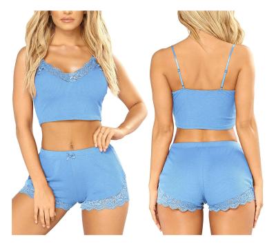 China Breathable 2 Piece Sleeveless Crop Tops Lingerie Set Women Quality Camisole Shorts Pajamas Waist Sleepwear for sale