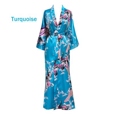 China QUICK DRY Women Fashion Floral Print Tie Front Kimono Long Robes with Peacock and Flowers Print for sale