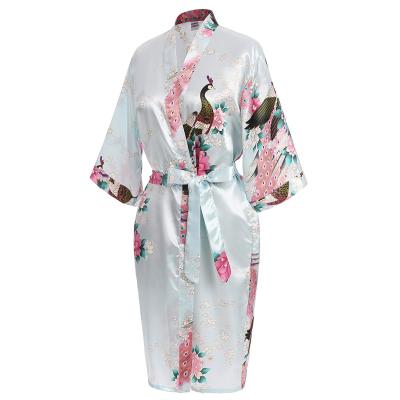 China Flower Print Breathable Kimono Plus Size Women's Long Peacock Robe And Satin Nightgown With Two Pockets for sale