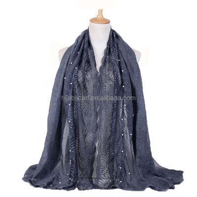 China Fashion Solid Color Flower Lace Edges Shawl Women Pearl Hijab Cotton Muslim Scarf for sale