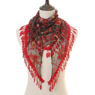 China Fashion New Arrival Voile Scarves Embroidered Tassel Shawl Polyester Triangle Lace Voile Scarf for sale