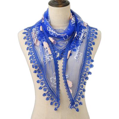 China Fashion New Arrival Muslim Floral Tassel Polyester Scarf Lace Triangular Hijab Veil for sale