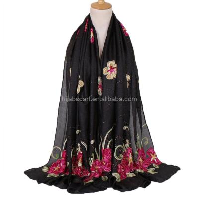 China Muslim Floral Silk Cotton Hijab Glitter Headband Fashion Women Embroidery Canvas Wrap Scarf for sale