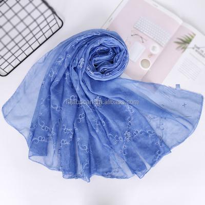 China Fashion Ladies Soild Color Shawls Headband Muslim Soft Silk Embroidery Beads Floral Scarf Hijab for sale