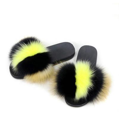 China CUSHIONING Real Fox Fur Slippers Women Soles Colorful Flat Outdoor Indoor Summer Shoes for sale