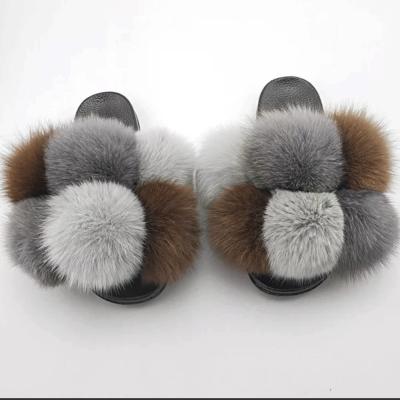 China CUSHIONING Genuine OEM Custom Logo Indoor Fox Fur Slides Sandals Blue Pink Fluffy Slipper For Women for sale