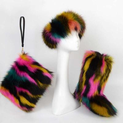 China CUSHIONING Wholesale Colorful Fake and Real Large Long Fluffy Fox Fur Snow Boots Sets Assortment With Purse Bags Headband For Ladies Women for sale