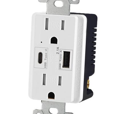 China 15A 125V Residential/General Purpose Duplex Receptacle with Dual Type A+Type C Plug Outlet, 2.4A, TR USB Port Receptacle with 2 USB Charger, UL Approved for sale