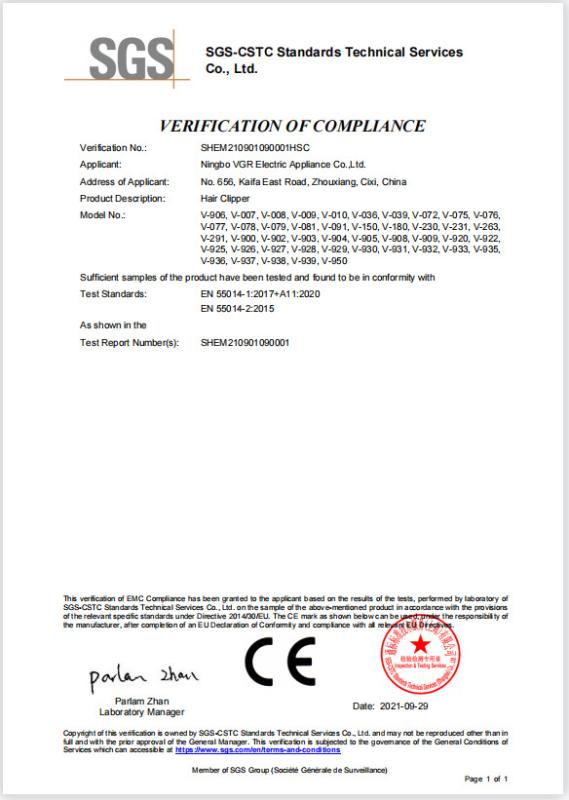 CE - Ningbo VGR Electric Appliance Co., Ltd.