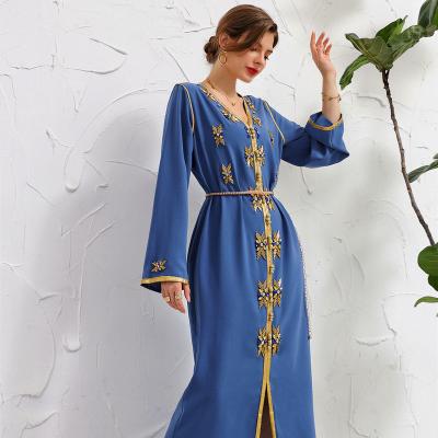 China Viable Navy Gold Rim Hand-sewn Diamond Robe ABAYA Hooded Muslim Islamic Dress for sale