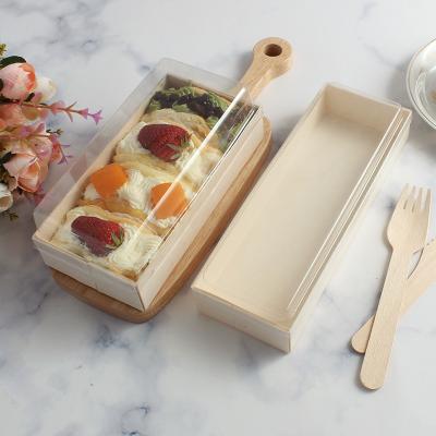 China Bio-degradable Factory Direct Sale Sushi Box Disposable Wooden Bento Box Food Foldable Cake Tray With Transparent Lid for sale