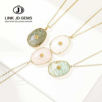 China Wholesale JD CLASSIC Semi-precious Gemstone Copper Sharpening Oval Rose Quartz Jade Amazonite Gray Moonstone Jewelry Pendant Stone Necklace for sale