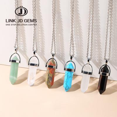 China Wholesale Crystal Stone Natural Blue Dots Colorful Stone Quartz Jewelry Vintage Women Hexagon Column Necklace For Valentines Day for sale