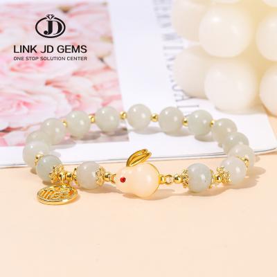 China JD CLASSIC Vintage Bead Bracelets Jade Lucky Rabbit Natural Light Green Jade Rabbit Rope Bracelet Adjustable Weave Bracelet for sale