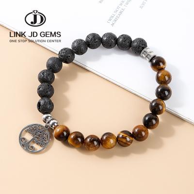 China Trendy Natural Volcanic Stone Bead Bracelet Tiger Eye Stone Fashion Titanium Steel Bracelet of Life Tree Life Jewelry for sale