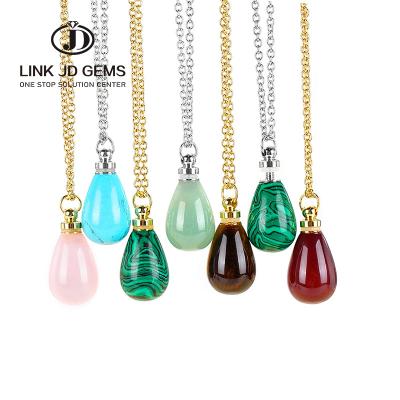 China CLASSIC Natural JD Gemstone Small Perfume Bottle Water Drop Essential Oil Colorful Bottle Pendant Necklace Women Charms Chain Choker for sale