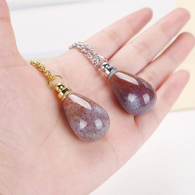 China Gold CLASSIC Amethyst Gemstone Virgin Oil Crystal Quartz Oval Tear Drop Perfume Bottle Pendant Silver Stone Necklace for sale