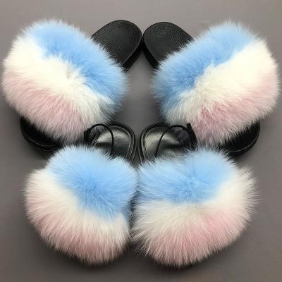 China Mommy and me light fluffy fox salesman slippers fur slides women and kids real fur slippers for sale