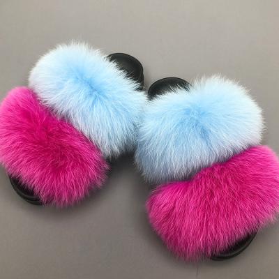 China Light Ladies Women's Big Hairy Fluffy Fur Two Strap Slides Red And Blue 2021 Unique Cheap PVC Fur Slides for sale