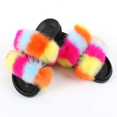 China Fashion Trend Two Strap Fur Slides Faux Fox Fur Fluffy Slippers For Women Lady for sale