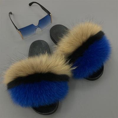 China Simple Stylish Colorful Fox Fur Mixed Color Fox Fur Fluffy Slippers Simple Stylish Sunglasses Cover Real Women for sale