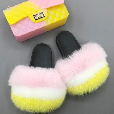 China Wholesale 2pcs Large Real Lightweight Fox Fur Slipper Sandals Slides Freeze Purse Fur Slippers With Fur Purse Set for sale