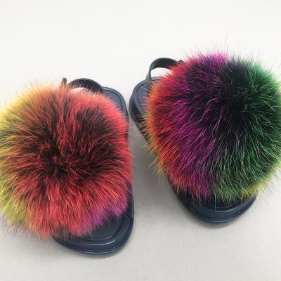 China New Light Fashionable Rainbow Toddler Color Toddler Fluffy Fur Slides Kids Children Fur Slides With Strap for sale