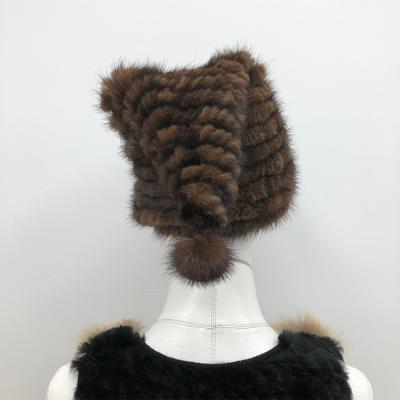 China Promotional Warm Real Plush Mink Fur Pom Pom Beanie Hats Knitted Winter Beanie Hats for sale