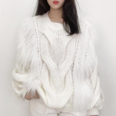 China 2021 Winters Women Sweater Raccoon Fur Trim QUICK DRY Fancy Knit Comfortable White Sweater for sale